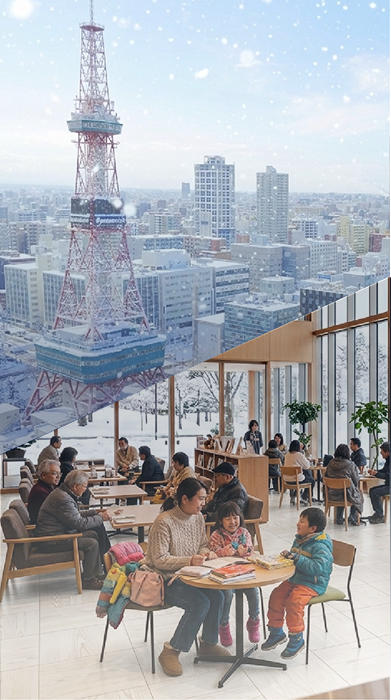 札幌の街並みと室内で過ごす人々